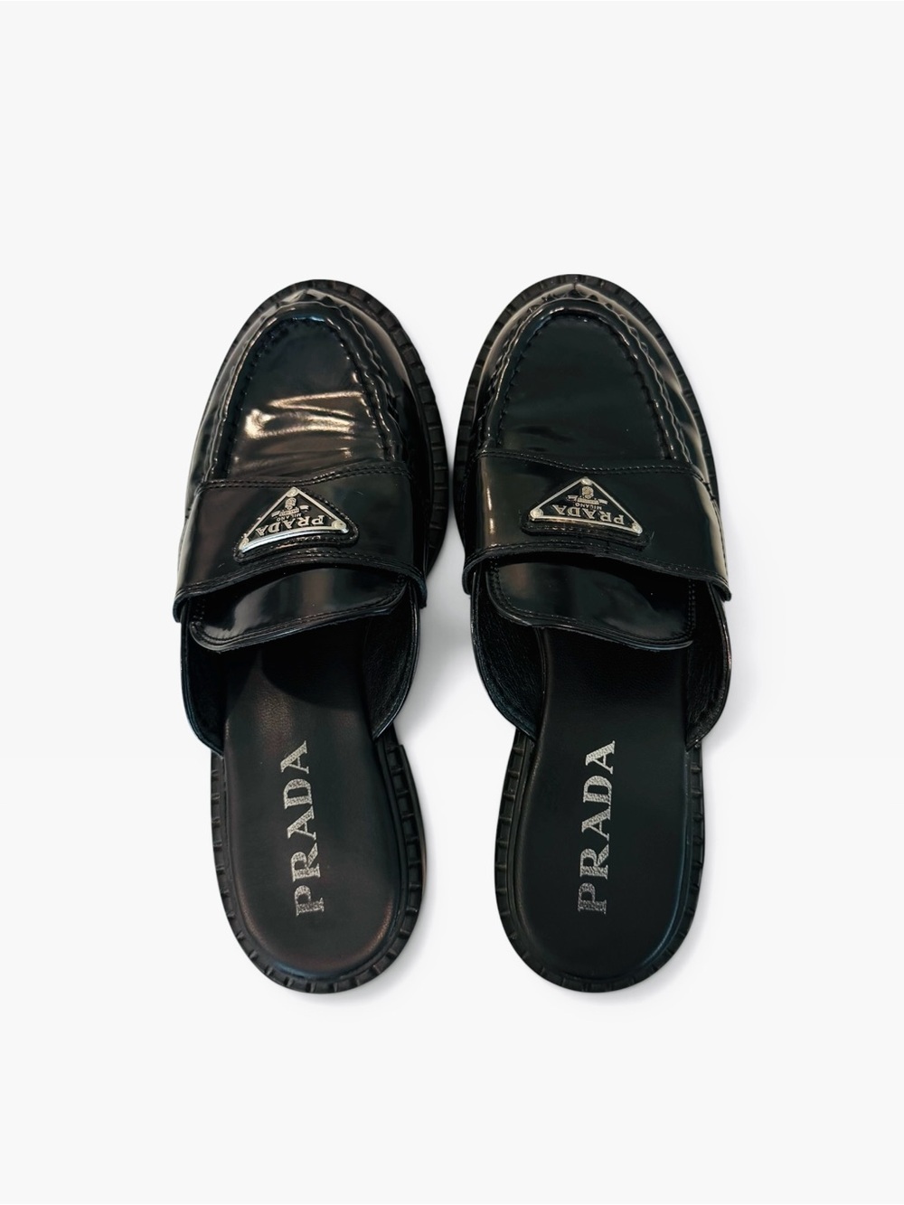 Prada Black Patent Leather Slip-On classic prada logo slides mules - Picture 4 of 12
